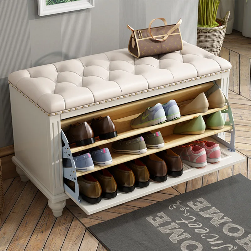 American solid wood shoe changing stool, shoe cabinet, home door sitting entrance cabinet, multi-functional foyer shoe stool