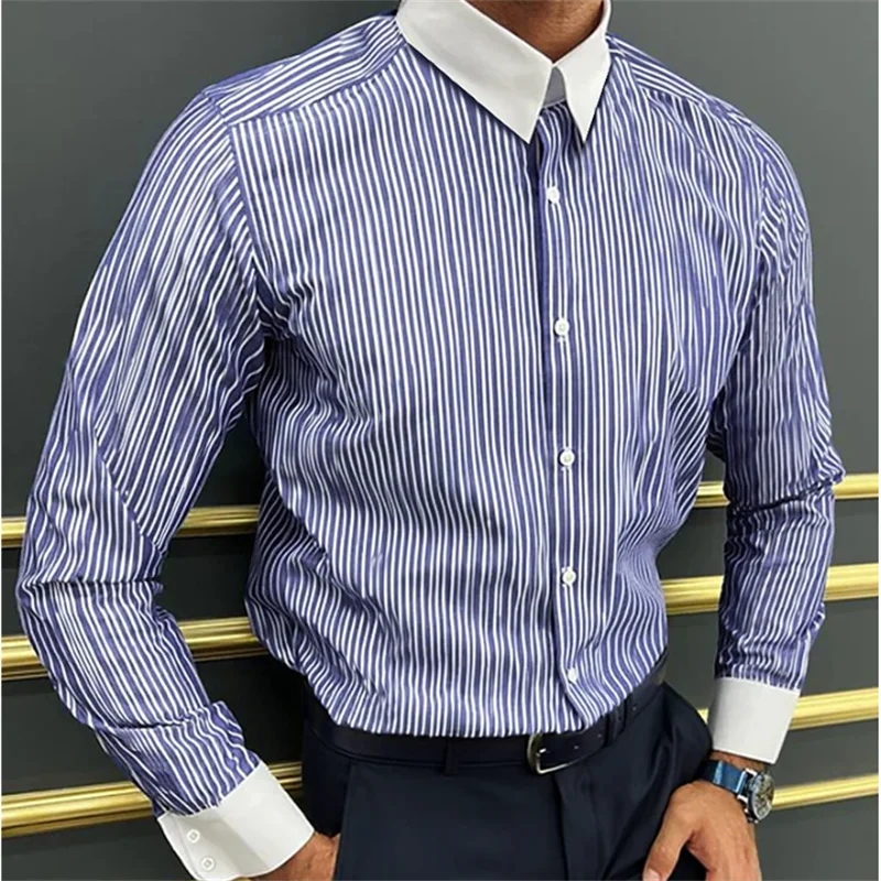 25 Styles Striped Men\'s Business Casual 3D Printed Shirt Street Work Daily Wear Spring Lapel Long Sleeve 6XL Fast Shipping