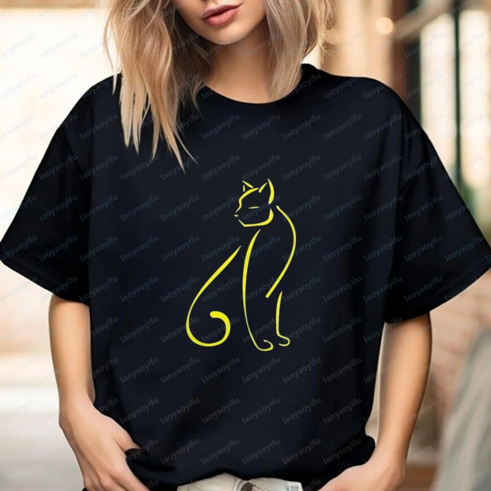Cat Silhouette, A Nice Drawing of A Elegant Cat T-shirt Men Women Vintage Print Oversized Drop Shoulder Street Tops
