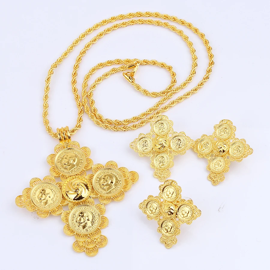 4pc pack Golden Cross Ethiopian Necklace Earrings Rings African Party  Jewelry Set Women Girls Eritrean Habesha Accessories