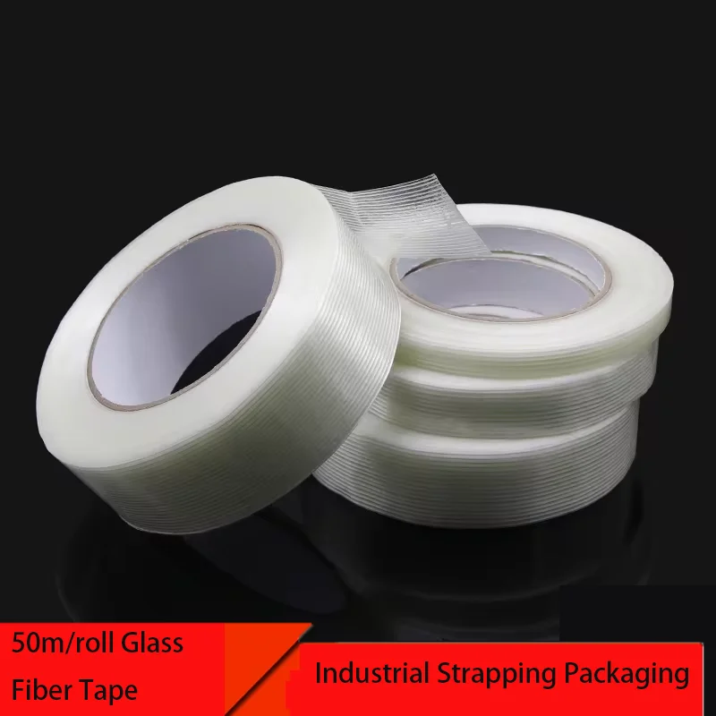 50m/roll Strong Fiberglass Tape Industrial Packaging Tape Packaging Fixing Sealing Transparent Stripe Single Side Adhesive Tape