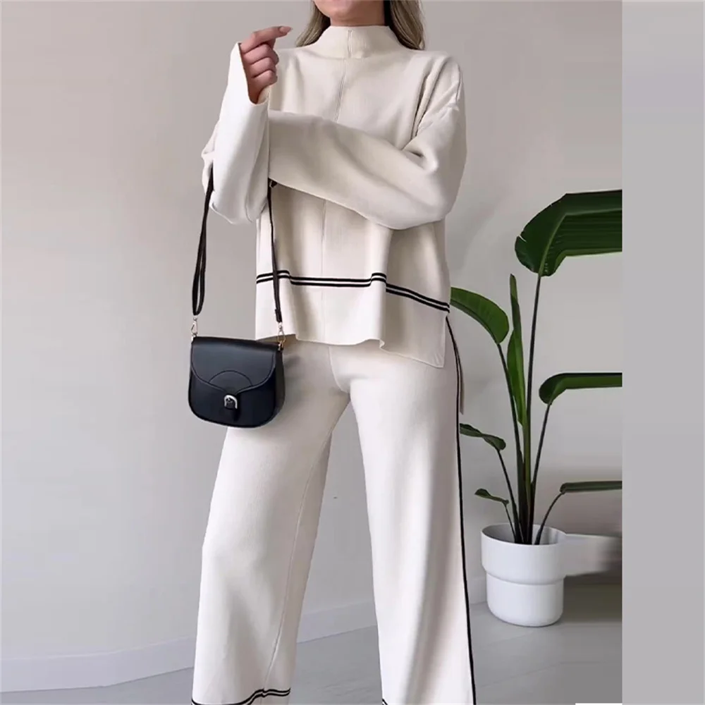 Women Knit Pullover Sweater Long Pants Suit Elegant O-Neck Long Sleeve  Side Slit Tops and Wide Leg Trouser Set Female Homewear