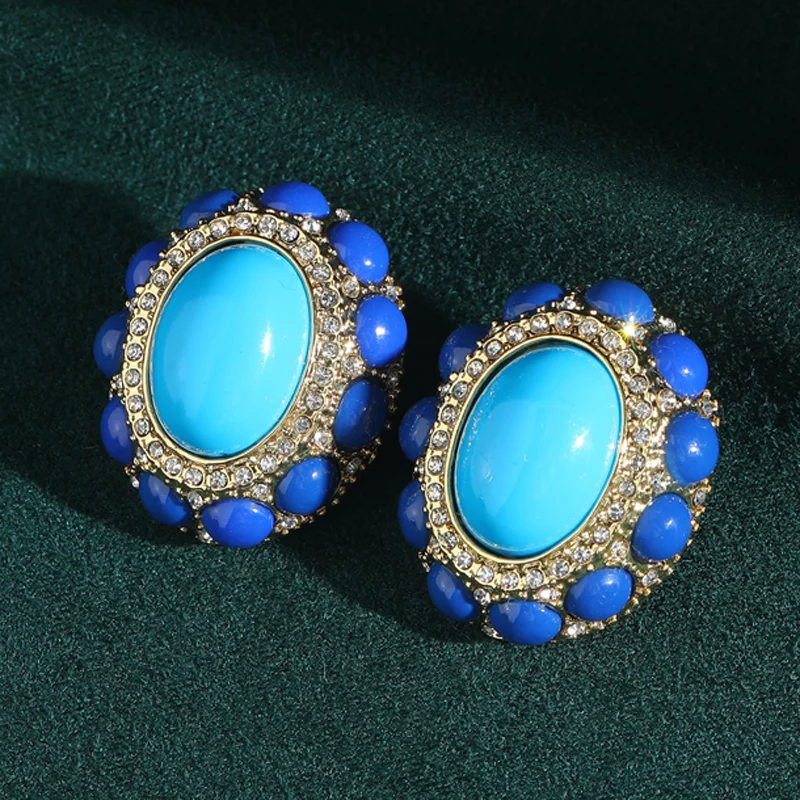 

Vintage Blue Natural Stone Oval Stud Earrings Gold Plated Crystal Ancient Woman Luxury Dubai Quality Designer Jewelry 2025 New