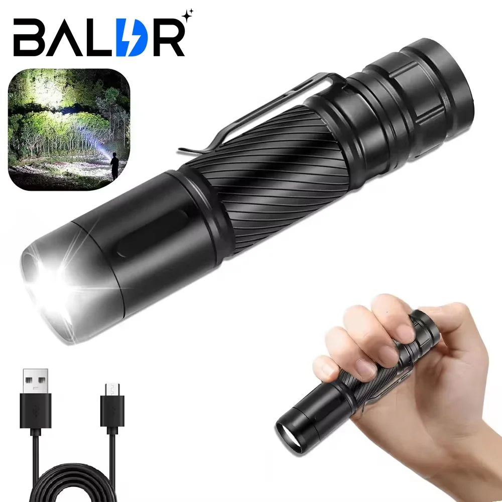 BALDR SC8 senter LED kuat dapat diisi ulang, senter taktis dengan klip pena, lentera darurat Hiking Super terang baterai 1500mAh