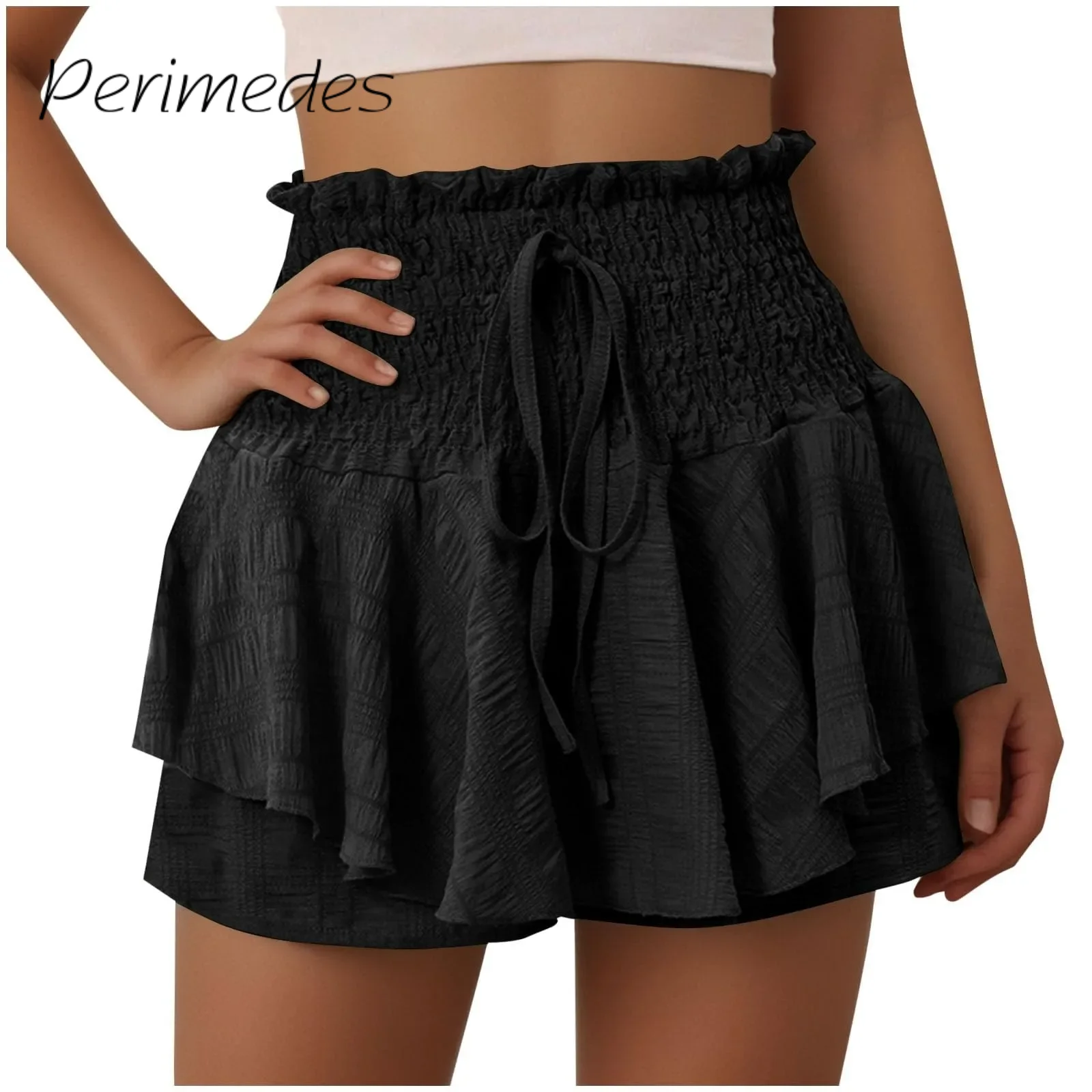 

Women'S Shorts Pleated Summer Solid Color Embroidery Shorts Skirt Design Ruffle Edge Layered High Waist Drawstring Casual Shorts