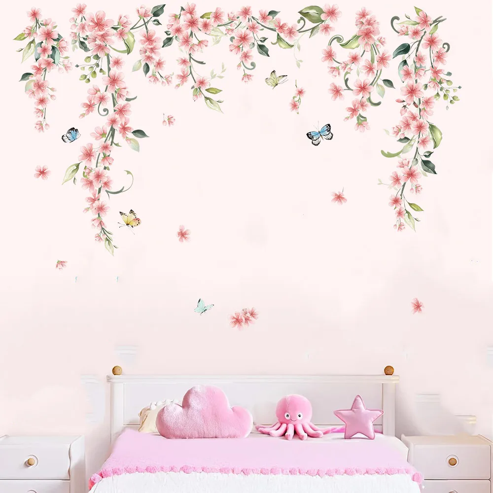 Pink Hanging Vine Flower Plant Tree Wall Stickers Decals Bedroom Living Room Playroom Home Decor