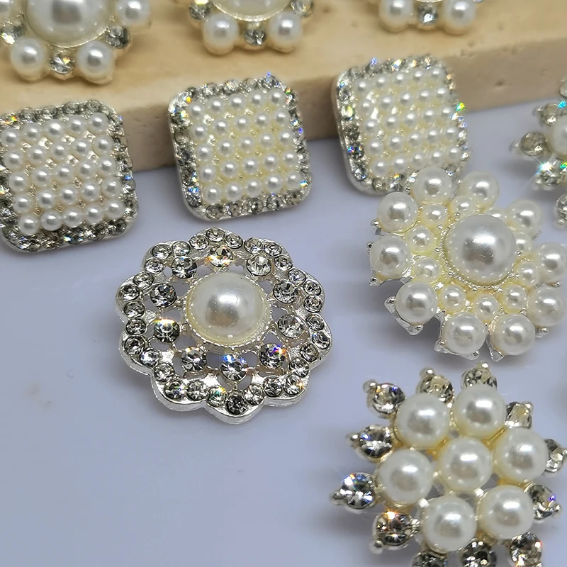 Luxury Silver Pearl Fashion Decor Buttons Of Clothing Flower Round Square Rhinestone High Quality Button For Women Dress Sewing