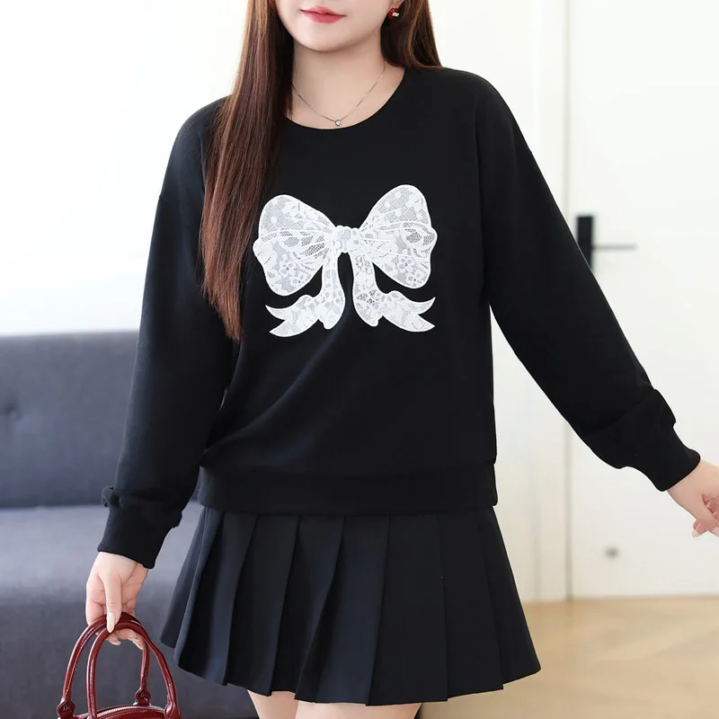 Loose Casual Round Neck Hoodie Women XL Autumn 2024 Good Quality Bow Lace Embroidered Long Sleeve Sweatshirt