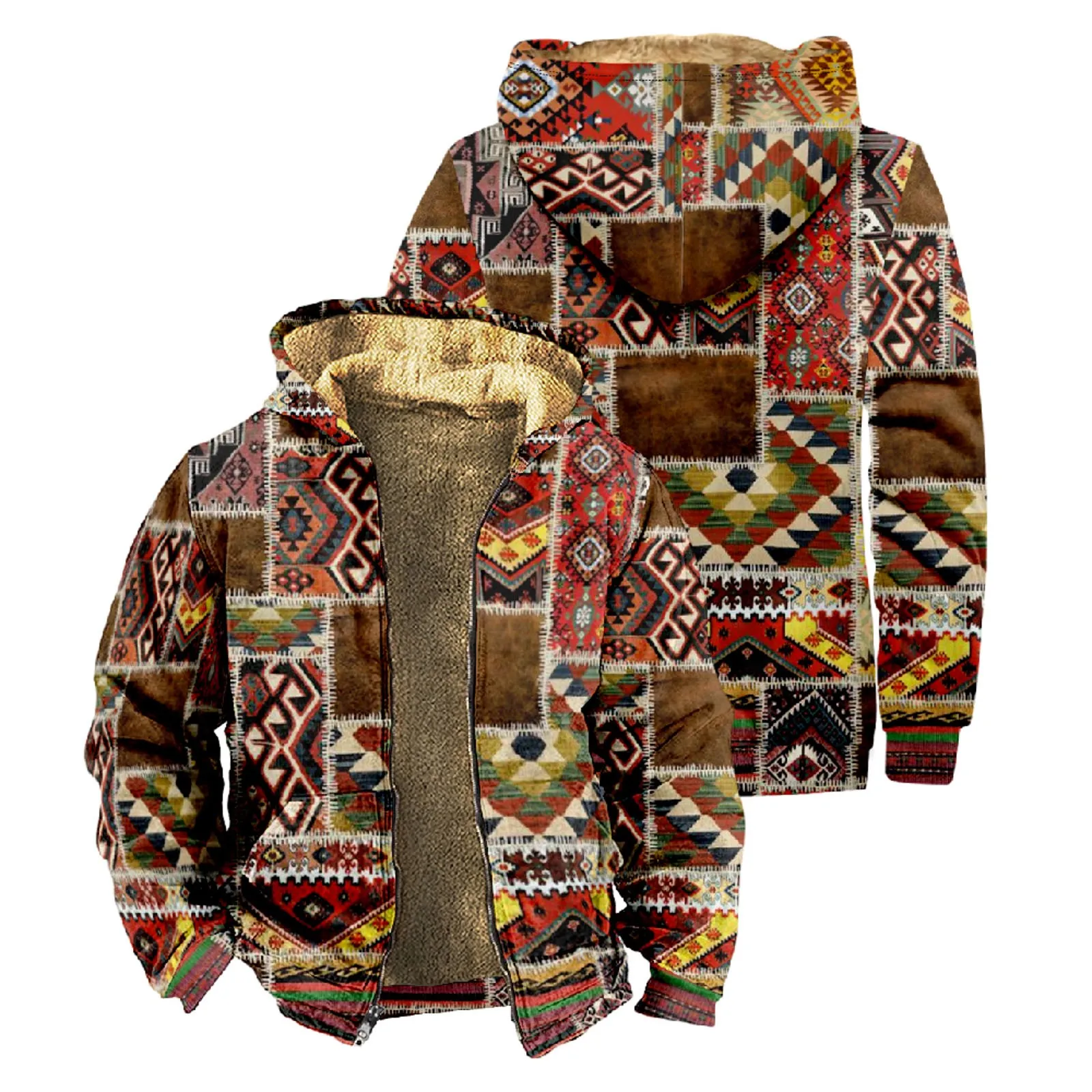 Aztec Geometric Vintage Print Fleece Thicken Jacket Coat For Man Winter Outdoor Wool Warm Tracksuit Coats Man Streetwear Jackets