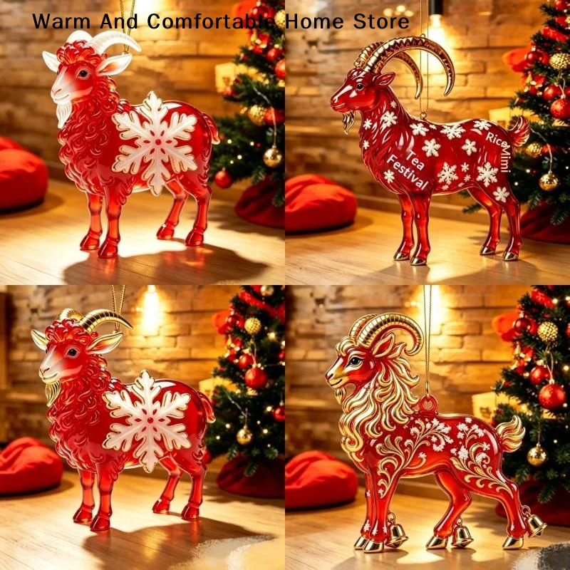 2D Acrylic Chinese Zodiac Goat Christmas Tree Hanging Ornament Auspicious Red Gold For Spring Festival New Year Home Decoration