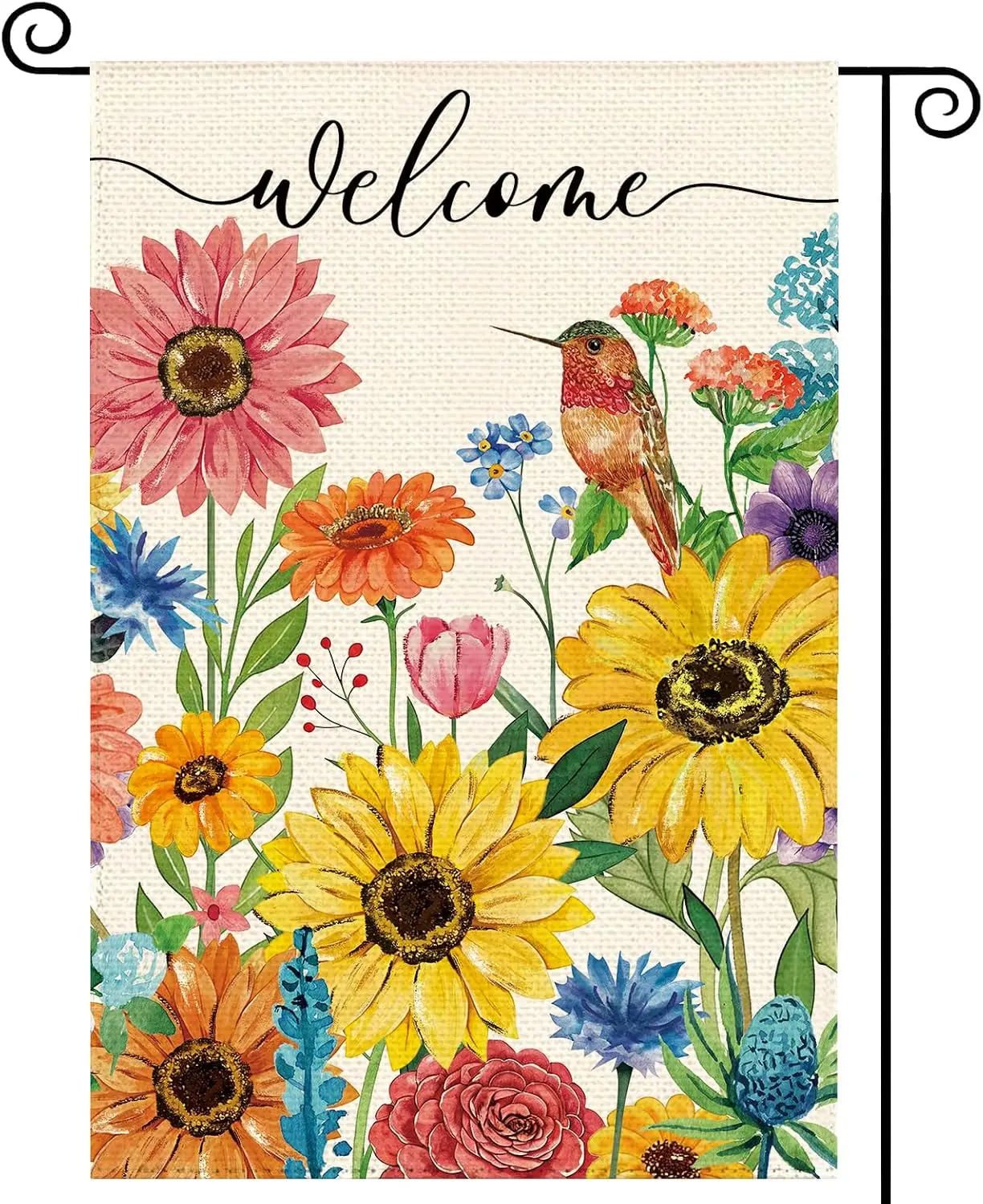Spring Summer Hummingbird Welcome Garden Flag 12 x 18 Inch Double Sided, Sunflower Daisy Burlap Small Yard Flag Holiday Farm cci