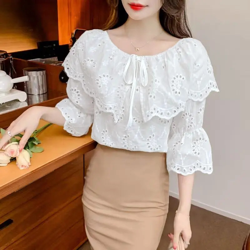 Women Ruffles Hollow Lace Embroidery Blouses Summer Trendy Lace Up Chic Sweet Shirts Solid 3/4 Sleeve Tops Blusa Mujer Moda 2023