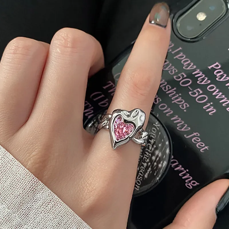 Y2K Pink Crystal Irregular Heart Ring Vintage Shiny Zircon Opal Love Open Ring for Women Kpop Punk Girl Party Jewelry Xmas Gifts