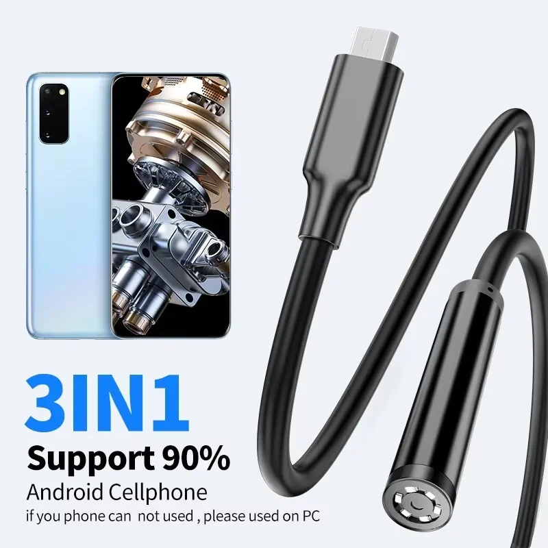 7mm 3IN1 1.5M Microusb/USB/Type C  Android Endoscope Camera Borescope Mini Camera LED Car Inspection For Android PC
