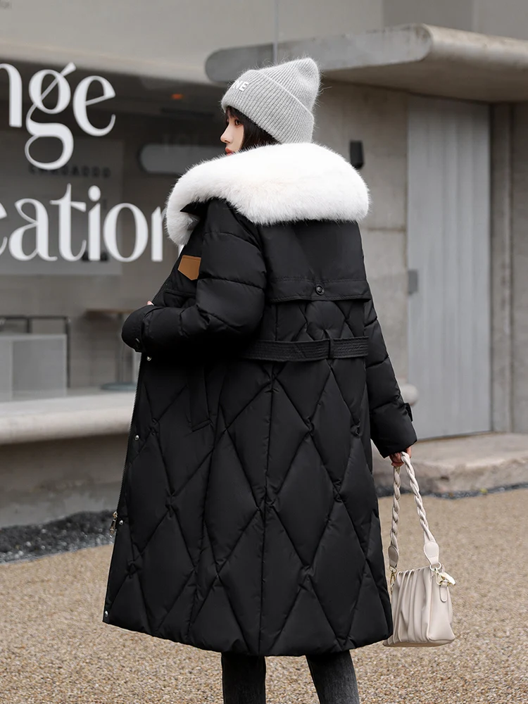 Vielleicht Casaco acolchoado com cinto para mulheres, colarinho de pele grande, algodão, acolchoado, longo, quente, parkas de neve, roupas, novo,