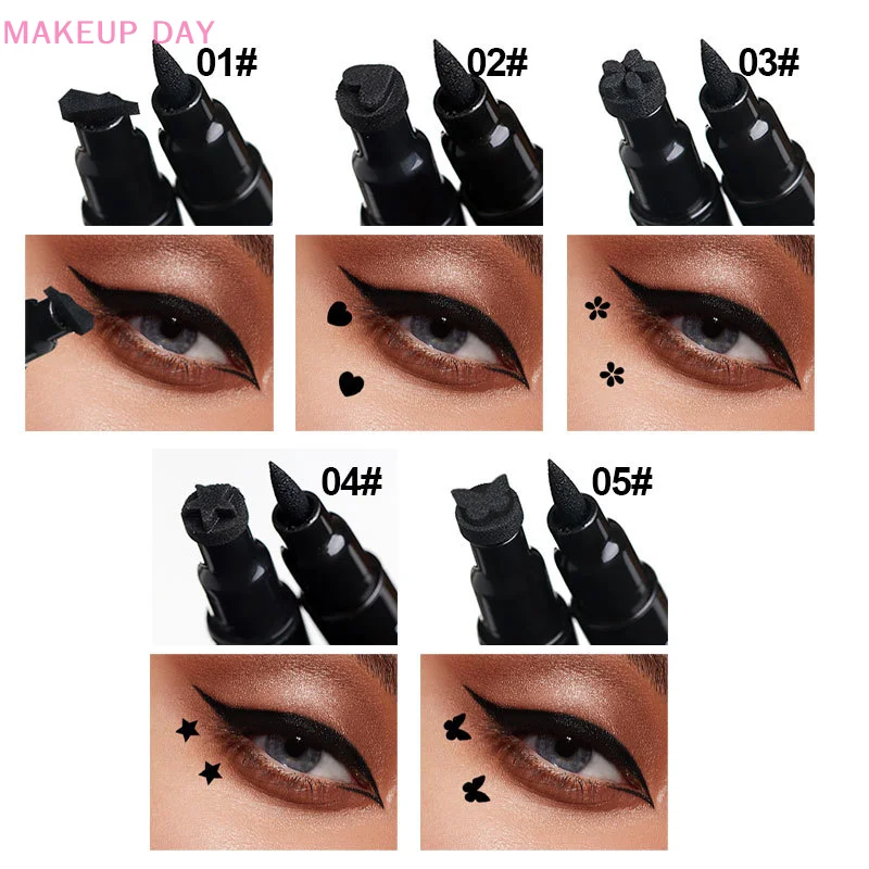 Stylo Eyeliner Double Extrémité 2 en 1, Sceau Étoile, Tampon Lune, Longue Durée, Imperméable, Noir, Liquide Eye Liner, Crayon Yeux, Maquillage Cos