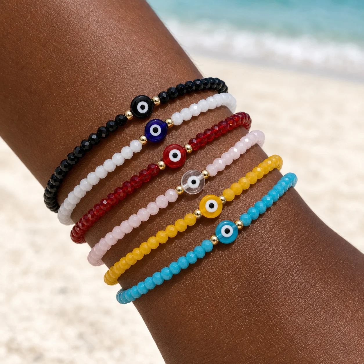 6pcs Evil Eye Glass Beaded Bracelet with Copper Beads Colorful Round Strand Stackable Boho Beach Style for Women and Men