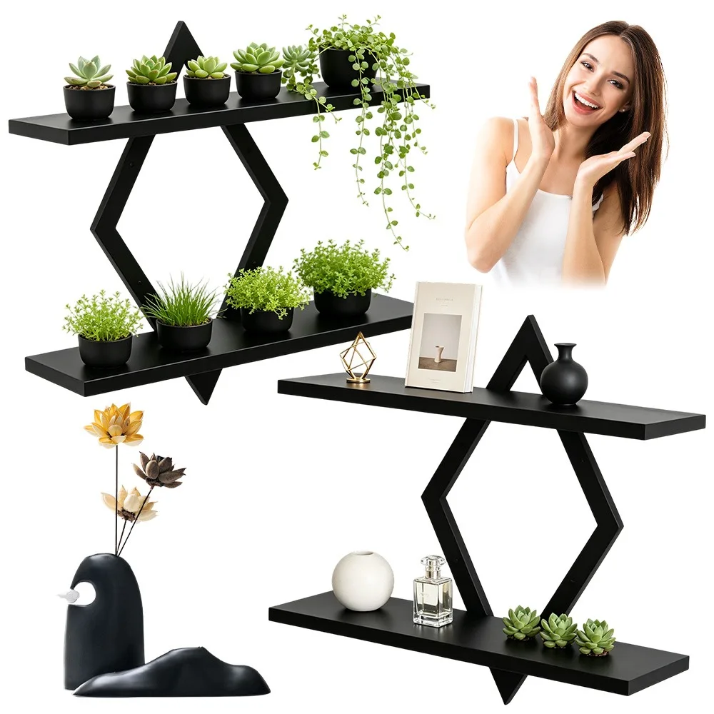 Schwebende Wandregale in Diamantform, 42x15,5x41,5cm, Holz-Aufbewahrungsregale mit Montagematerial, 2er-Pack Dekorative Halterungen & Regale für Wohnzimmer, Küche, Schlafzimmer, Badezimmer