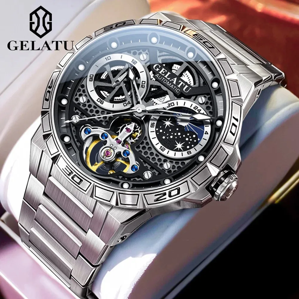 GELATU 6020 New 5ATM Waterproof Original Fully Automatic Mechanical Skeleton Men's Watches Luminous Day Night Moon Phase Watch