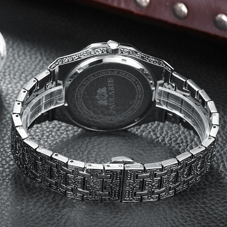 นาฬิกาสุดหรูสําหรับชายแกะสลักโบราณ Vintage Luminous Rose สีเหลืองทองเงิน 2 โทนแฟชั่น Blue Classic