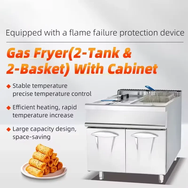 Commercial Gas Fryer with Cabinet 2 Slots 2 Baskets 28L for Restaurant Kitchen Gas Cooking Equipment Heavy Duty Deep Fryer