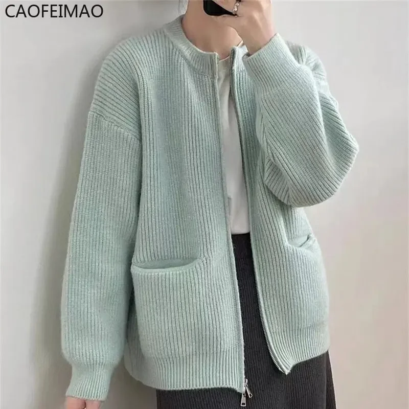 Caofeimao 2023 Women Spring O-Neck Cardigans Zip Design Loose Style Long Sleeve Women Soft Sweater Winter Cardigans Coat