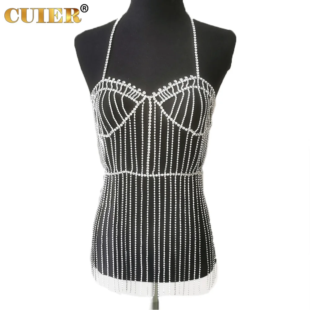 CuiEr Rhinestone Dress Long Tassel Skirt Chain for Women Rave Bodysuit Robe Shell Bikini Jewelry Harness Body Chains