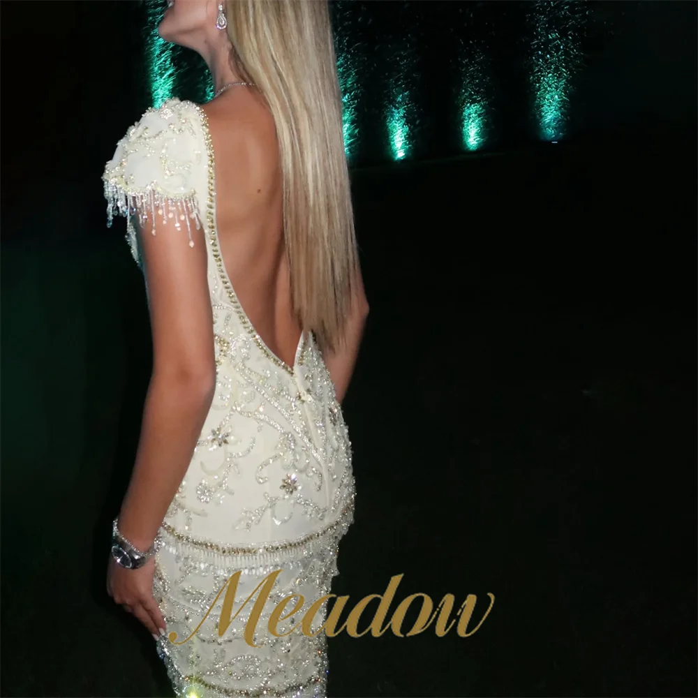 Meadow Off White Formal Occasion Dresses Full Floral Evening Gown Short Sleeves Prom Evening Dresses with Beaded Customizable
