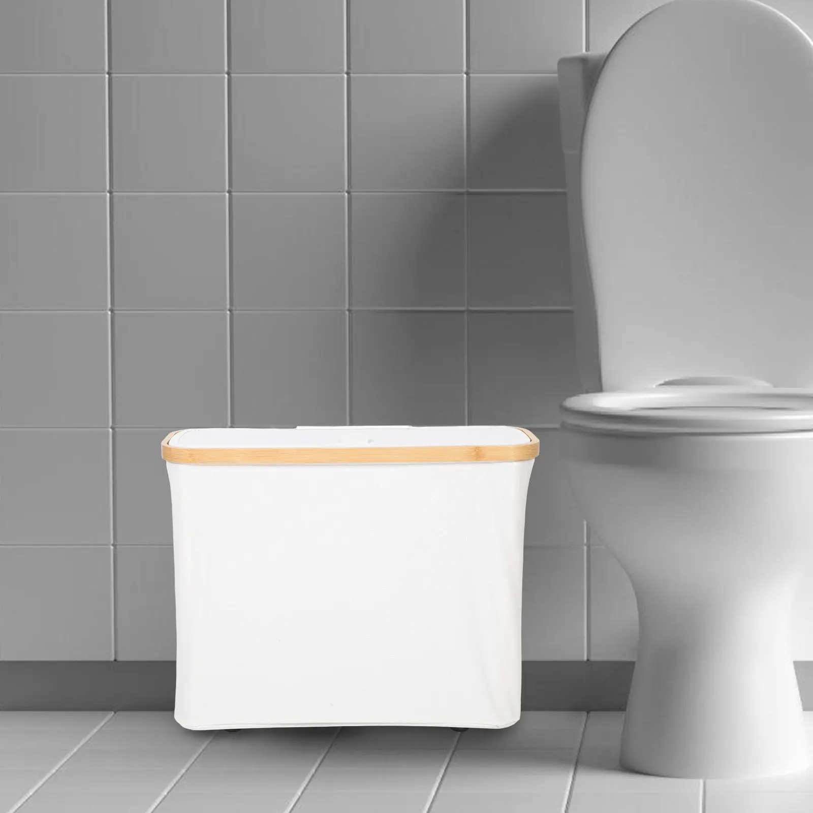 

Beige Bamboo Toilet Paper Storage Basket Fabric Small Trash Can Bathroom Organizer Cabinet Container for Toilet Paper Rolls