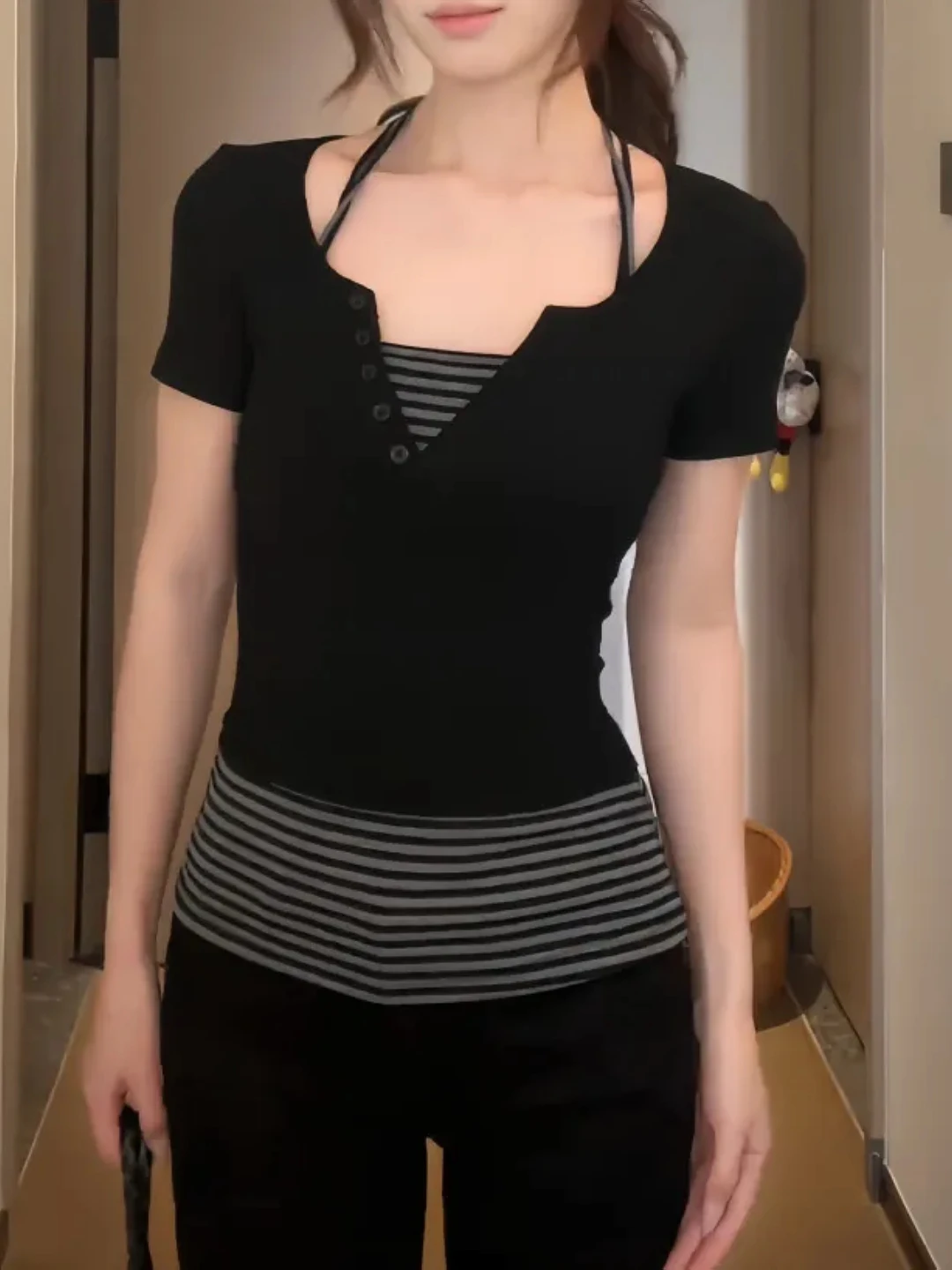 

Уникальная красивая полосатая футболка с короткими рукавами в стиле пэчворк, большие размеры, корейский стиль, модный женский топ для повседневной носки, серия Miu