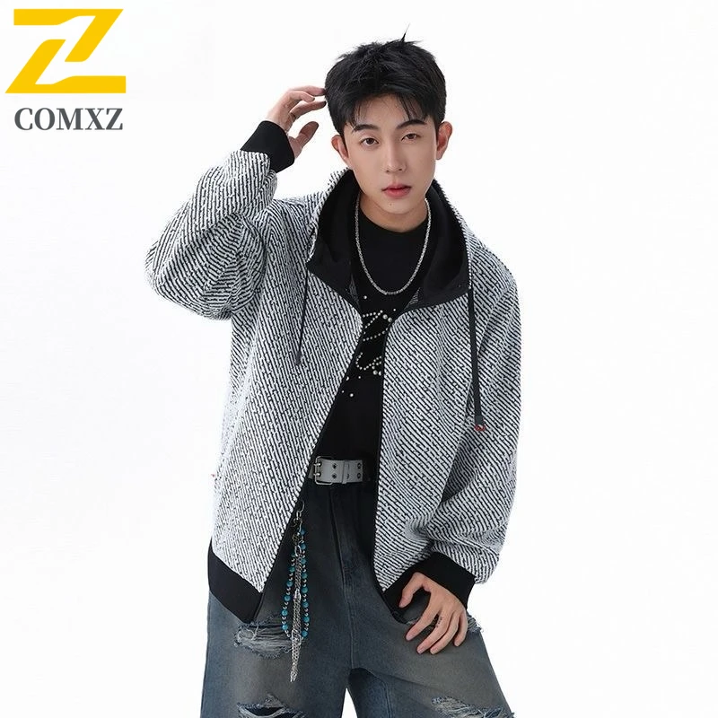 

COMXZ Men Jackets Trendy Hooded Riding Lightweight Windbreaker Handsome Striped Design Windproof Autumn Motorcycle Jacket
