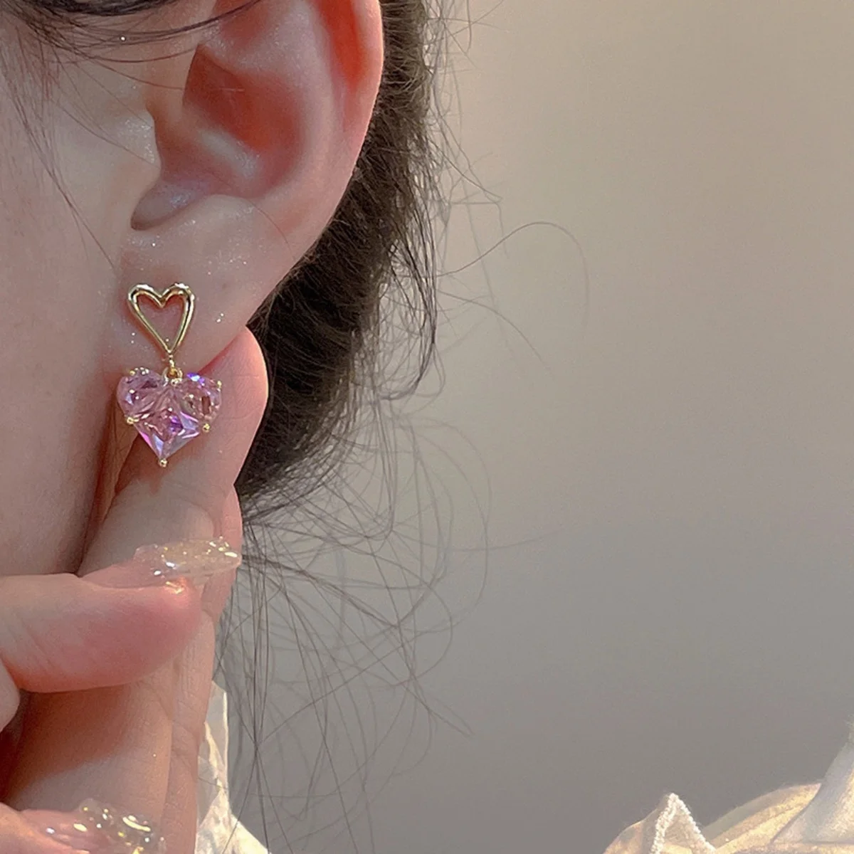 3pcs Trendy Y2k Heart-shaped Zircon Pink Crystal Pendant Earrings Necklaces Set for Women Heart Elegant Exquisite Party Jewelr image 3