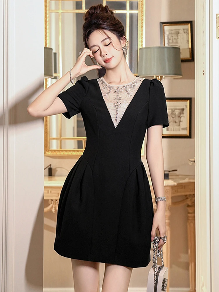 

Black Rhinestone Sparkle Luxury Evening Women Clothes Short Sleeve A-line Dress Formal Party Vestido Summer Formal Cocktail Gown