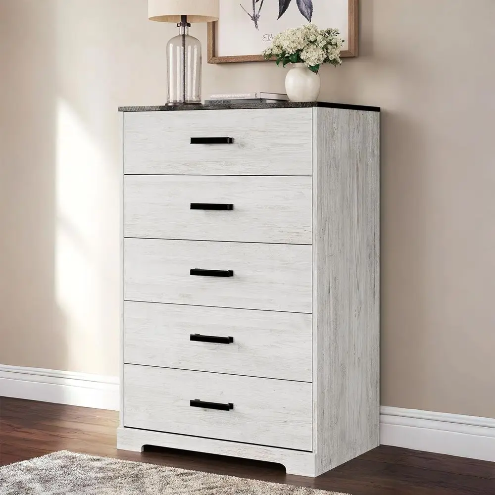 5 Drawer Rustic Chest with Smooth Glides and Safety Stop, White & Gray