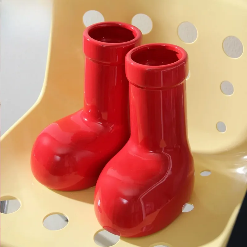 Modern Red Boot Vase, Smooth Glossy Finish, High-Fired Ceramic Decor, Durable Flower Holder, Statement Decor Piece