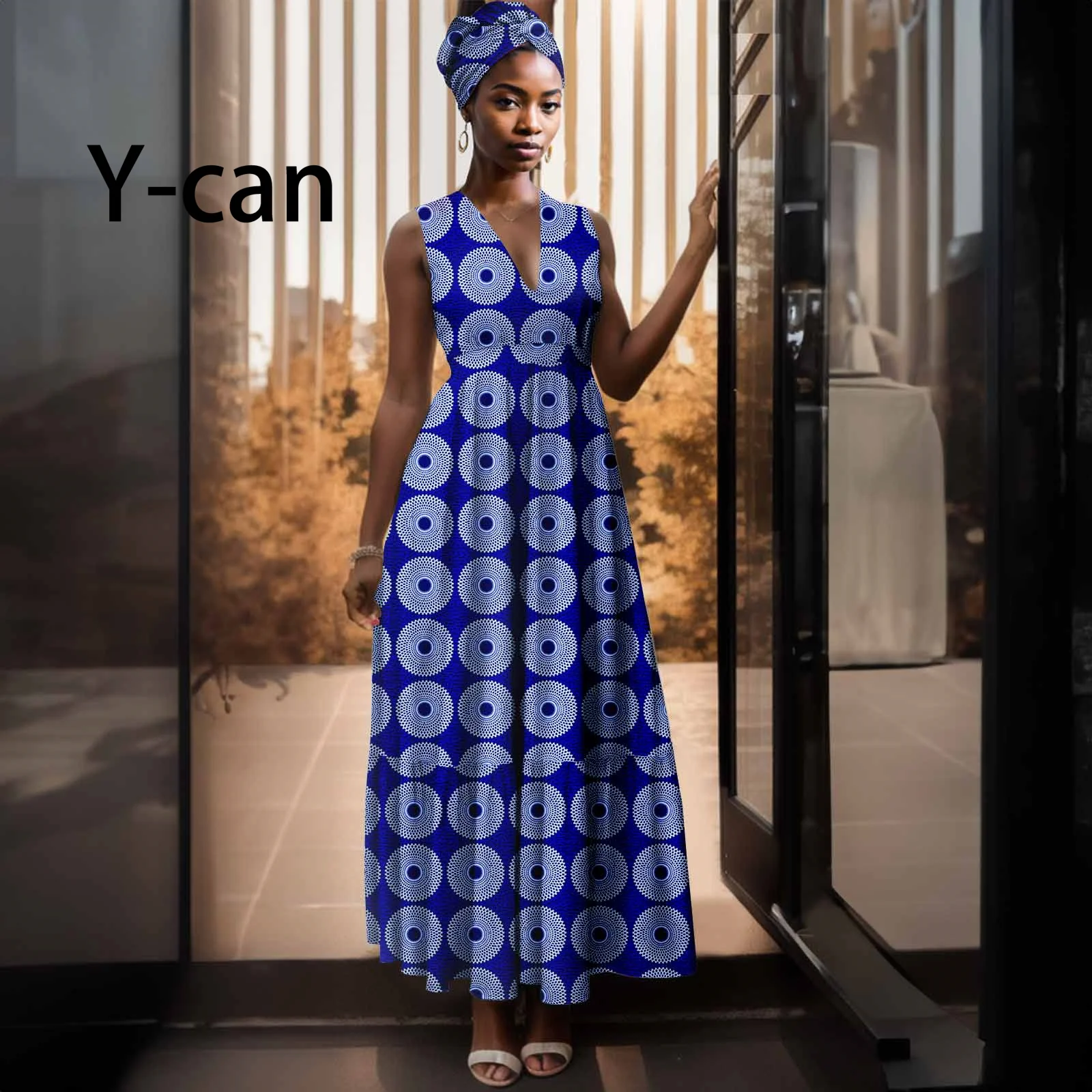 African Dresses for Women 2023 V-neck Dashiki Print Vestidos Match Headscarf Bazin Riche Lady Party Nigeria Outfits Y2325093