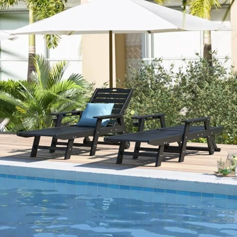 Outdoor chaise lounge set of 2 with 5-position adjustable backrest, HDPE material, gray color, supports up to 400 lbs for patio