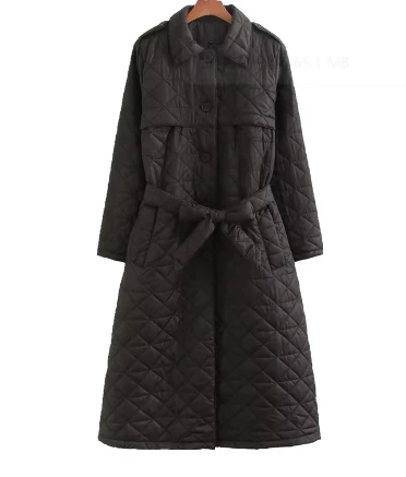 2024 New Women\'s Black Long Quilted Cotton-Padded Coat Winter With Belt Single Breasted Thick Outerwear Robe Top