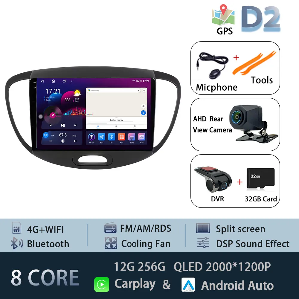 Android 15 Carplay Auto Radio Voor Hyundai I10 2007-2013 CarPlay Auto GPS Recorder Multimedia video Speler 4G + WiFi DSP