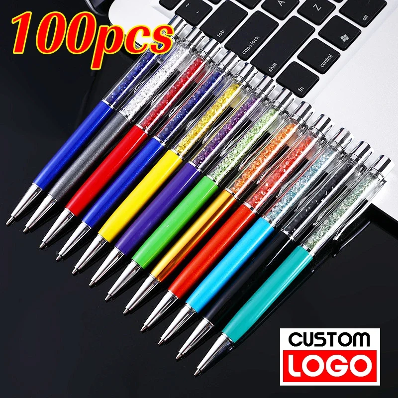 100pcs/Lot Crystal Metal Advertising Ballpoint Pen Writing Stationery Office School Ballpen Custom Logo Engraved Name Wholesale