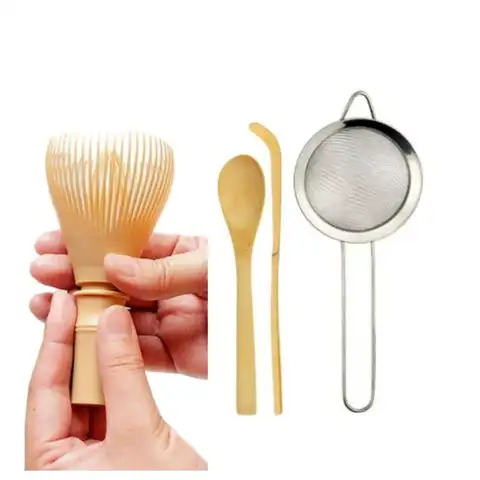 4 in 1 Matcha Tea Making Kit Clear Plastic Whisk Bamboo Tea Scoop Deep Spoon Tea Strainer Home Matcha Accessories
