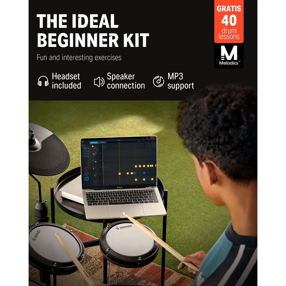 Electronic Drum Set, Equipped with 4 Quiet Mesh Mats, Over 180 Sounds, 2 Pedals, Throne, Headphones, and A Stick Electronic Drum