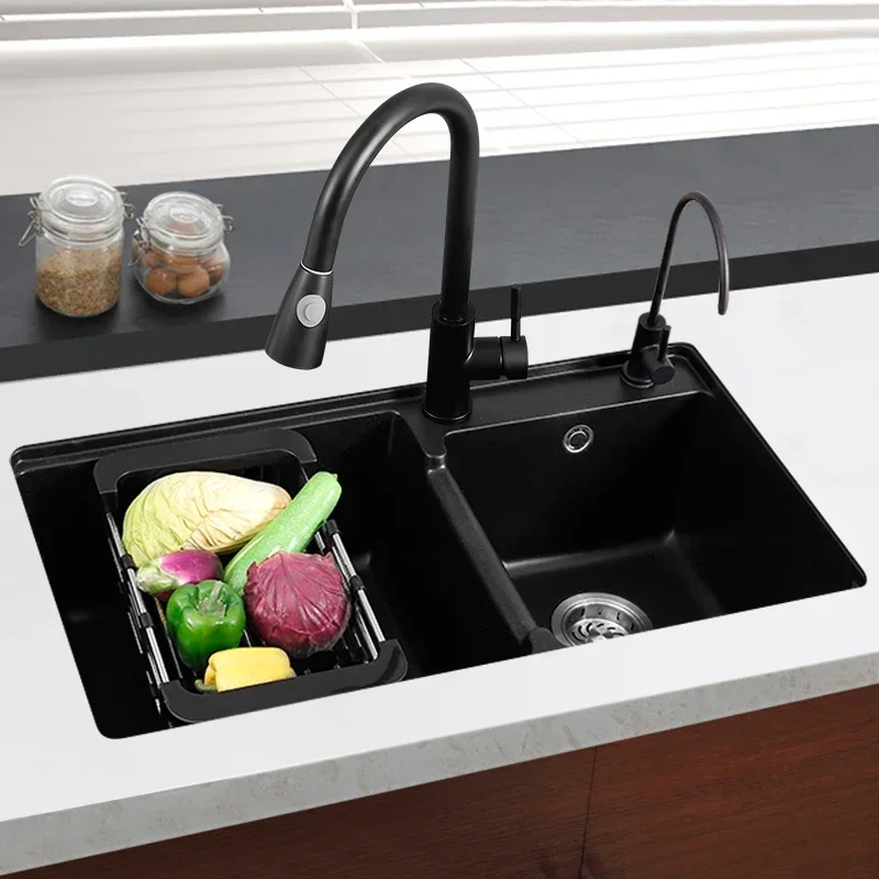 Germany imported gold medal quartz stone sink double-trough kitchen handmade granite sink sink set.