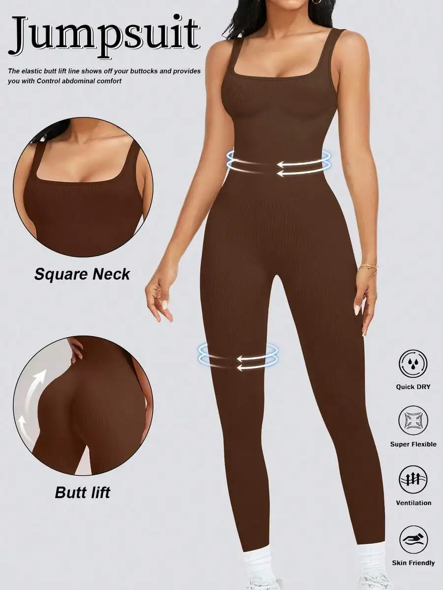 

Womens Ribbed Sleeveless Jumpsuit Square Neck Butt Lift Shapewear Solid Color