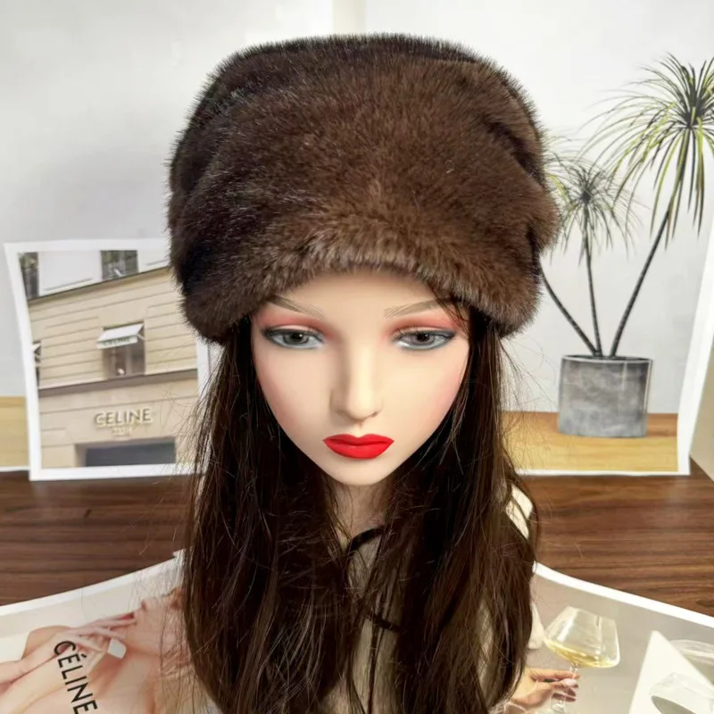Gorro de piel sintética de visón para mujer, gorro de piel grueso y cálido con protección para los oídos, gorro de bombardero ruso, gorro de cubo de piel sintética esponjoso para invierno