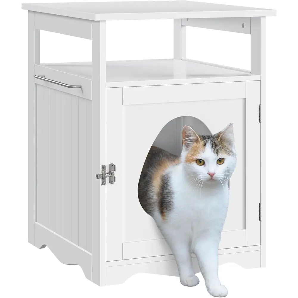 

White Wooden Cat Litter Box Enclosure with Open Shelf, Indoor Pet Washroom, Storage Cabinet, and End Table