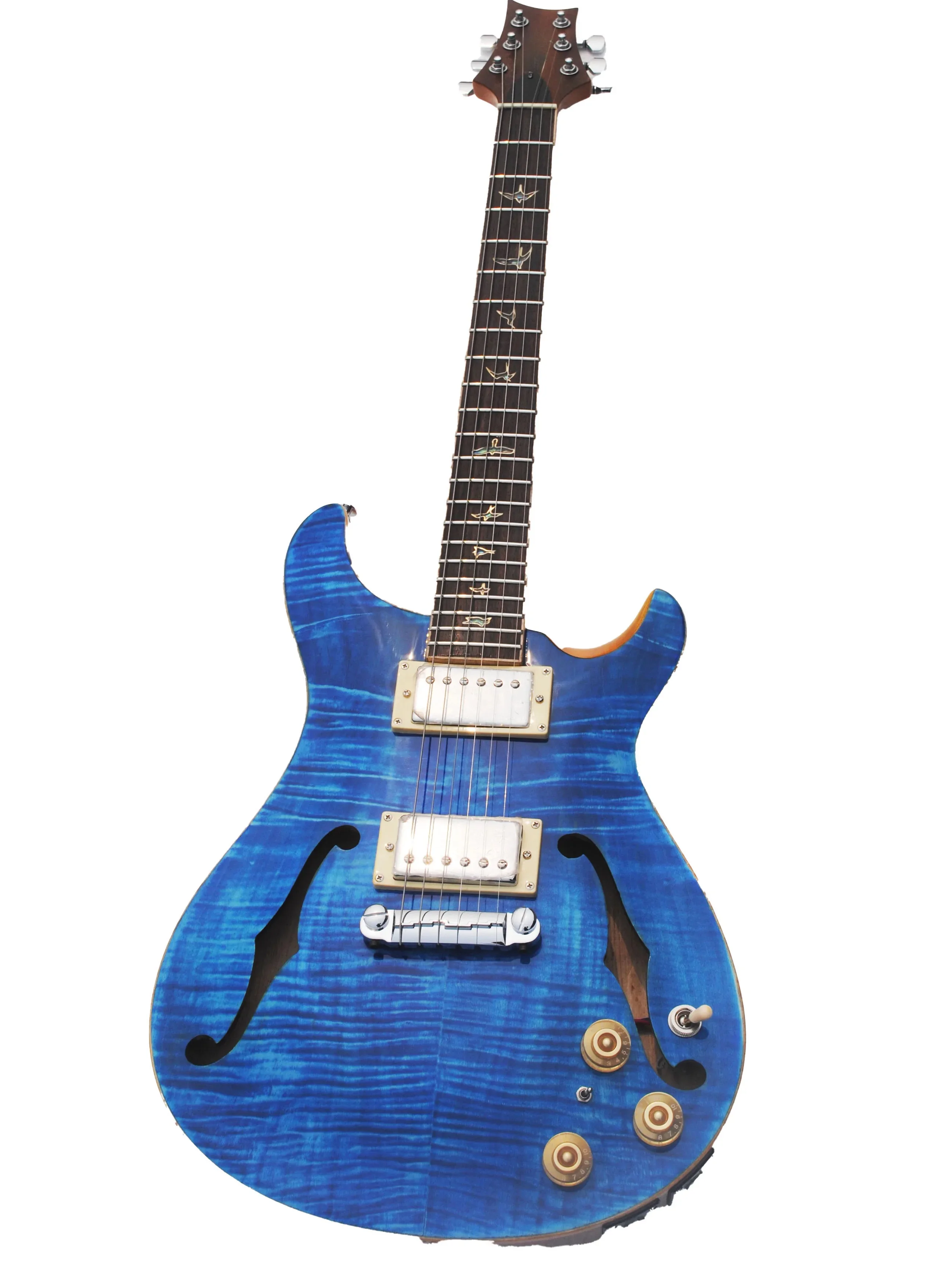 Blue electric guitar.  Golden Hardware，Double f-hole，