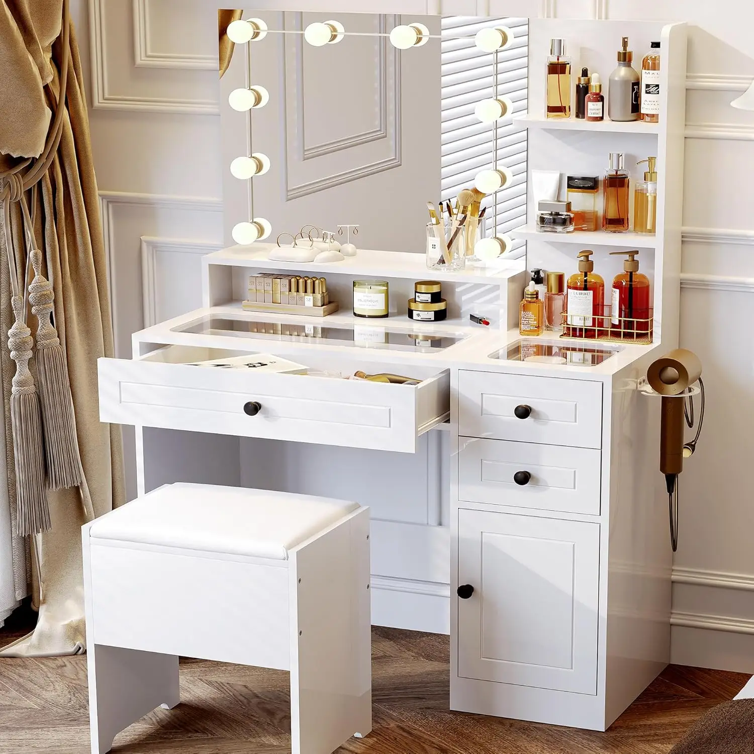 

White Makeup Vanity Desk with Mirror and Lights, with Drawers Shelves Storage Cabinet and Stool, 3 Lighting Modes 37'' Dressing