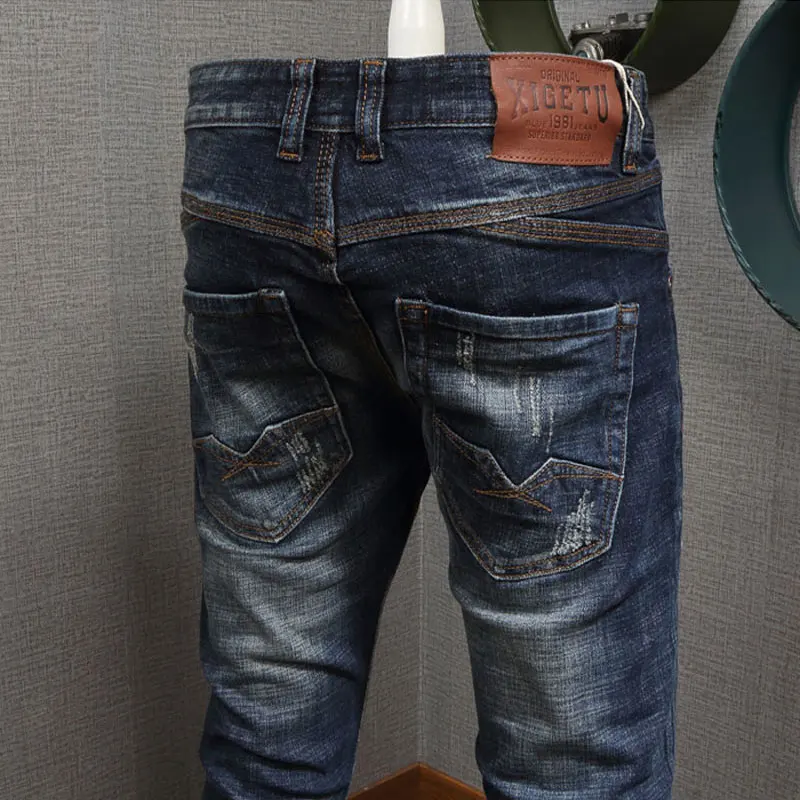 

Newly Designer Fashion Men Jeans Retro Washed Blue Stretch Slim Fit Ripped Jeans Men Italian Style Y2K Vintage Denim Pants Homme
