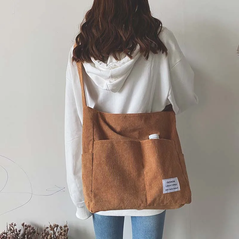 Corduroy Shoulder Bags 2023 Women Fashion Leisure College Style Shopper Multi-Pocket Large Capacity Designer Handbags Totes Bags